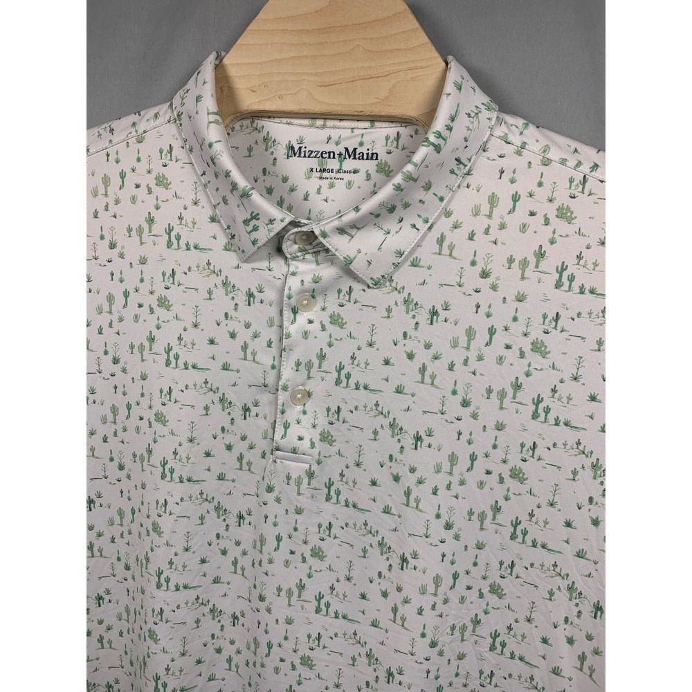 Mizzen+Main Mens XL Classic Fit Cactus Print Performance Polo Shirt White Green
